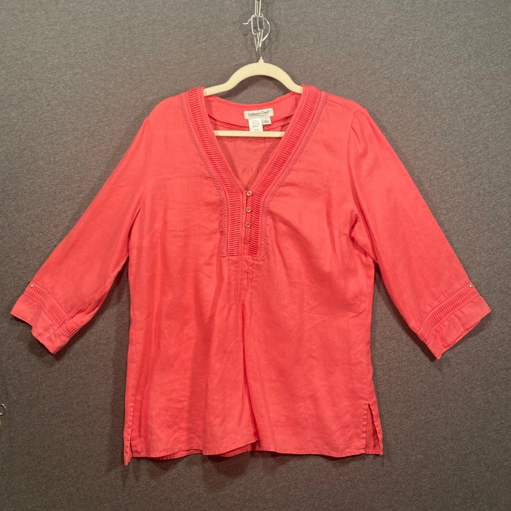 Coldwater Creek Womens Coral Pink 100% Linen Pintuck V-Neck 3/4 Sleeve Tunic L